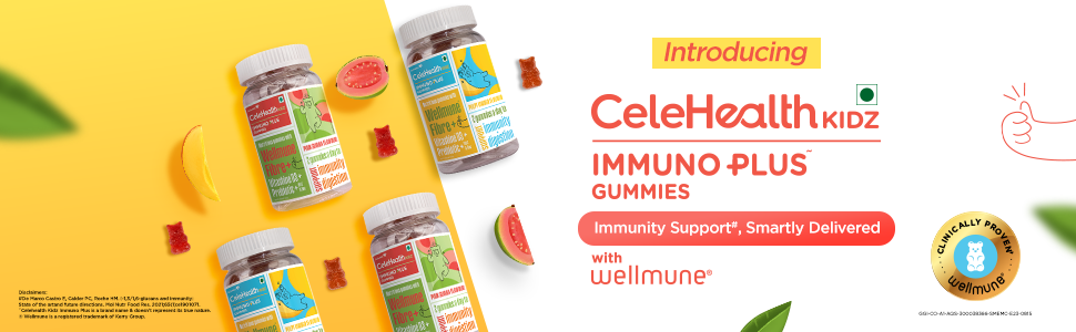 Dr. Reddy's CeleHealth Kidz Immuno Plus Multivitamin Gummies with Wellmune, Vitamin C & Zinc for Kids (4 - 12 Years) | Supports Immunity and Digestion | Pulpy Mango Flavour | 30 Gummies - Pack of 4 | 100% Vegetarian