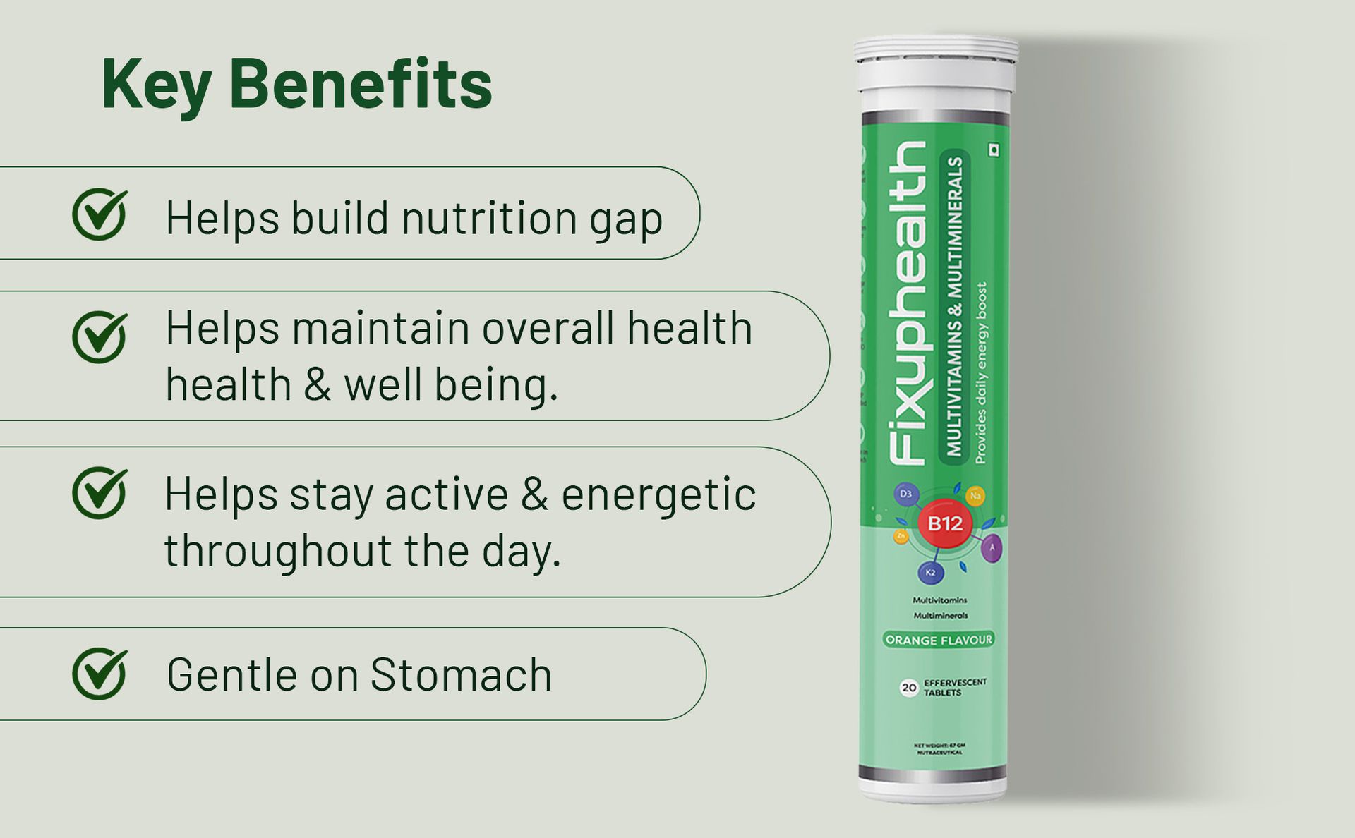 Fixuphealth Multivitamin Effervescent Tablets with Vitamins, Minerals & Grape Seed Extract | Multivitamin with Minerals for Men & Women | Vitamin C, B12, Biotin | Orange Flavour | 20 Tablets