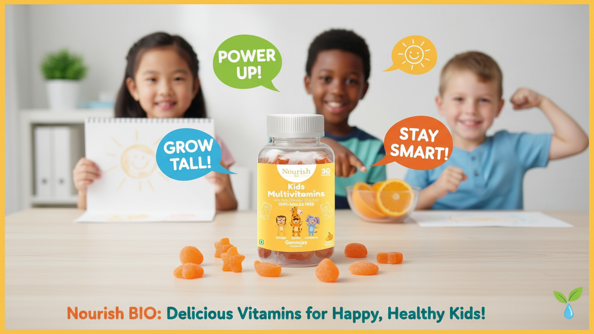 Nourish BIO Kids Multivitamin (Sugar-Free) Gummies with Calcium, Vitamin D3, A, B6, B12, C, E, Folic Acid, Biotin DHA & Zinc, for growth & development Supports Immunity, Energy, and Bone Health (2, 30 Gummies Per Pack)