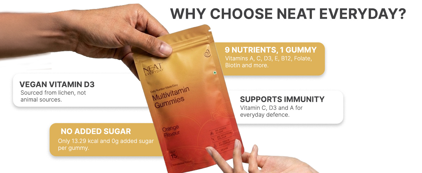 NEAT EVERYDAY Multivitamin Gummies | Orange Flavour | No Added Sugar | Vegan Gummies | No Artificial Colour & Preservatives | Daily Health Supplement | Pack of 15