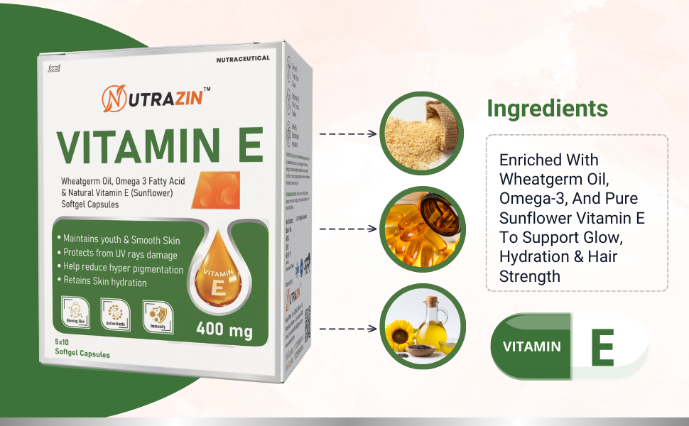 Vitamin E 400 mg Capsules with Wheatgerm Oil & Omega 3 | Vitamin E Capsules for Face and Hair (100 Capsules)
