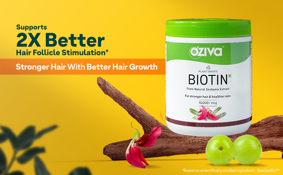 OZiva Plant Based Collagen Builder Powder (With Vitamin C) Berry Orange,250G & Plant Based Biotin 10000+ Mcg (With Natural Sesbania Agati Extract) For Stronger Hair & Healthier Skin,125G(Combo Pack)