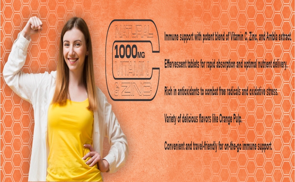 IMMUNITY BOOSTER EFFERVESCENT TABLET | 1000mg Natural Vitamin C & Zinc | Antioxidants Support | Skin Care | No Added Sugar