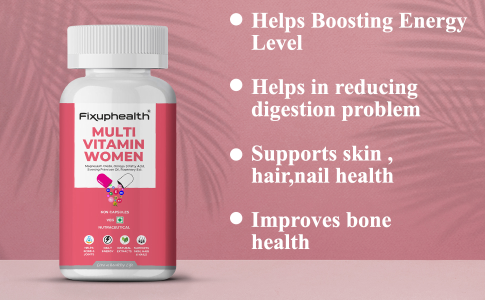 Fixuphealth Multivitamin Capsules for Women | Multivitamin with Probiotics, Omega 3, Evening Primrose Oil, Vitamins C, B12, Magnesium & Zinc | Immunity, Energy & Daily Wellness Support | 60 Capsules