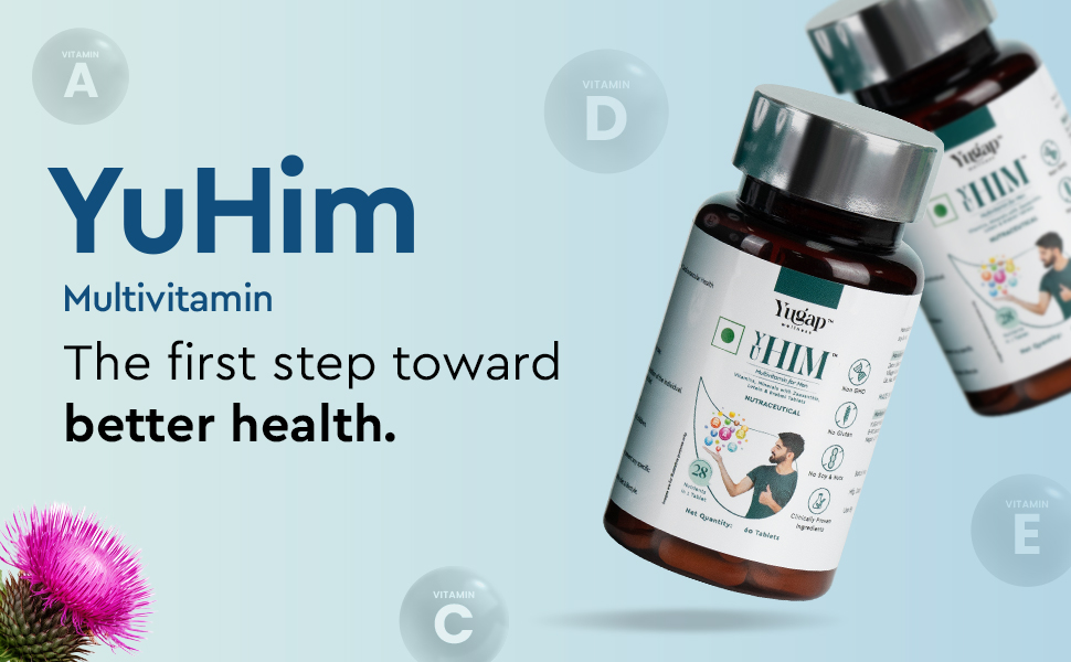 Yugap YuHim Multivitamin Tablet for Men | With 28 Super Nutrients including Vitamins A, B1, B2, B3, B6, B12, C, D2, E & K along with Bacopa, Milk thistle, Grape Seed, Zinc, Magnesium, Calcium, Iron & more for Energy, Immunity, Muscles and Overall Health | Veg 60 tablets