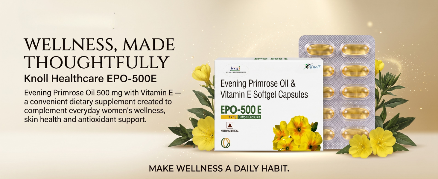 Knoll Healthcare EPO-500E Evening Primrose Oil 500 mg with Vitamin E Softgel Capsules | Supports Women’s Wellness, Skin Health & Antioxidant Support | Dietary Supplement (10x10 Capsules)