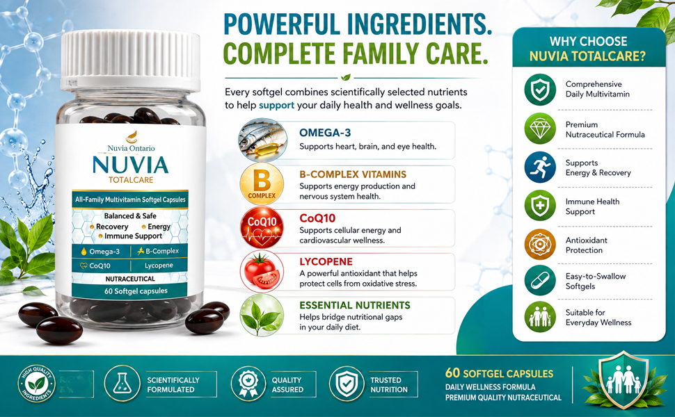 Nuvia TotalCare All-Family Multivitamin Softgel Capsules | Omega-3, B-Complex, CoQ10 & Lycopene | Supports Energy, Recovery & Immune Health | Nutraceutical | 60 Softgel Capsules