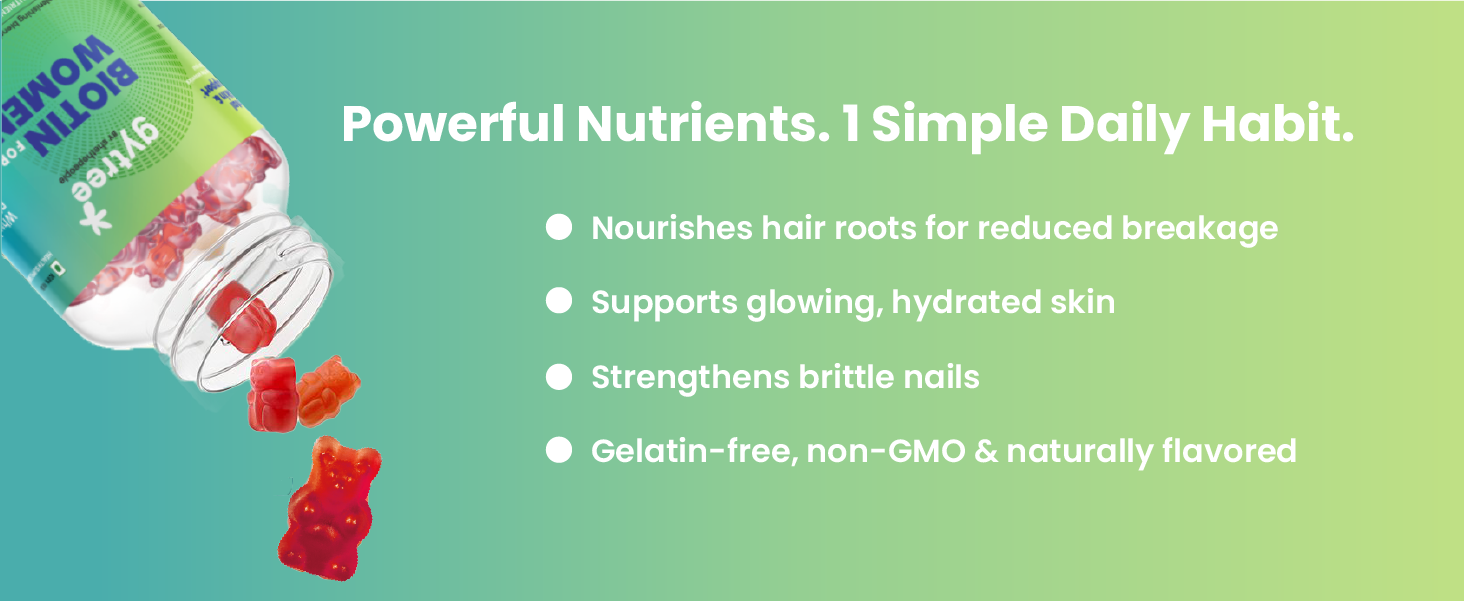 Gytree Biotin Gummies for Complete Hair, Skin & Nail Support | With Vital Nutrients, Inositol & Vitamin C, A, E, B6, Folate, Zinc | Strawberry Flavour | No Gelatin, No Soy, Lactose Free (60 gummies)