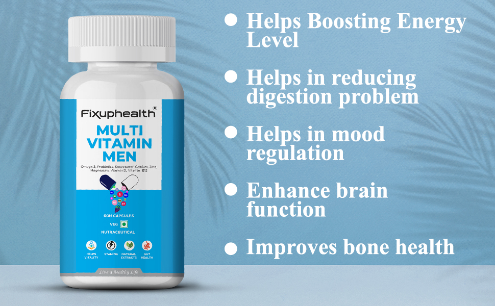 Fixuphealth Multivitamin Capsules for Men | Multivitamin with Probiotics, Omega 3, Vitamins B12, C, D, Zinc, Calcium & Magnesium | Immunity, Energy & Daily Wellness Support | 60 Capsules