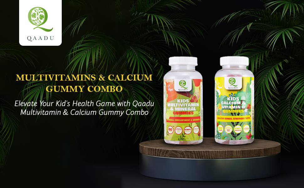 Kids Multivitamin with Minerals Gummies + QAADU Calcium & Vitamin D Gummy 60pc Combo for Healthy Bones, Growth | Kids Multivitamin Supplements, Nutrients Booster