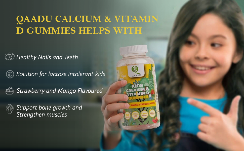 Kids Multivitamin with Minerals Gummies + QAADU Calcium & Vitamin D Gummy 60pc Combo for Healthy Bones, Growth | Kids Multivitamin Supplements, Nutrients Booster