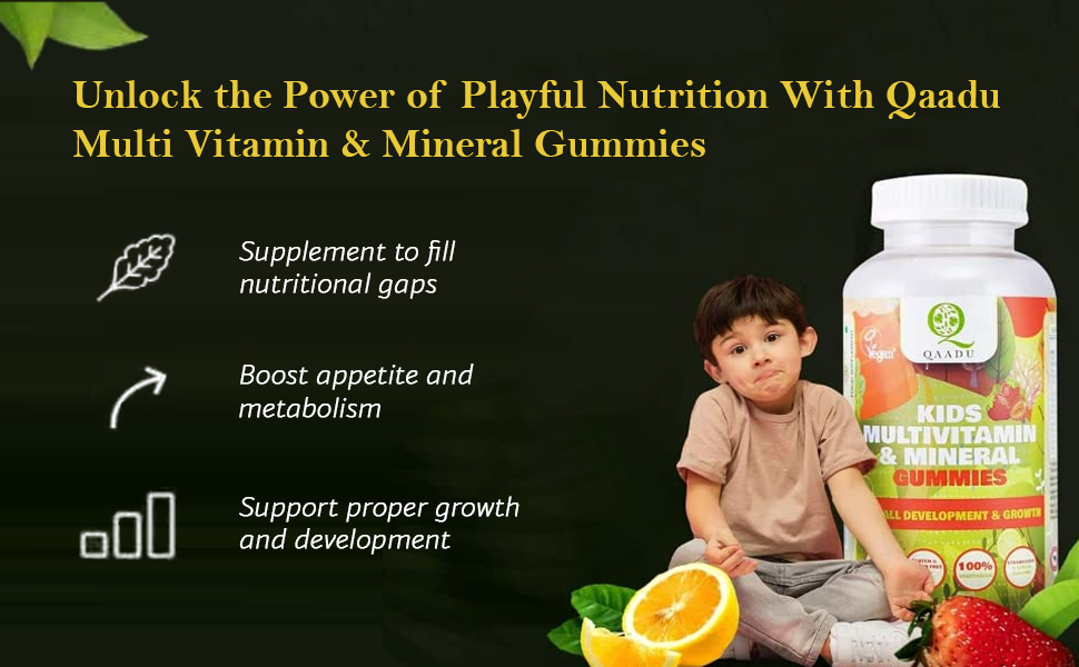 Kids Multivitamin with Minerals Gummies + QAADU Calcium & Vitamin D Gummy 60pc Combo for Healthy Bones, Growth | Kids Multivitamin Supplements, Nutrients Booster