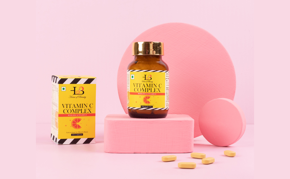 HOUSE OF BEAUTY Vitamin C Complex with Zinc and Vitamin D - Helps to Improve Immunity, Hair Skin, Boost Energy, Healthy Skin, Vitamin C Tablet for Men and Women (60 Tablets)