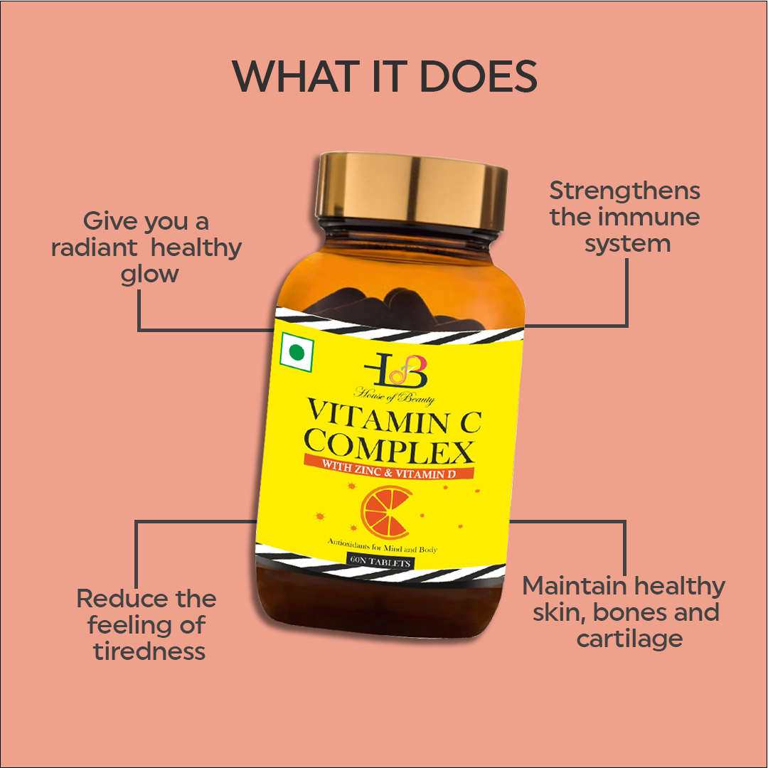 HOUSE OF BEAUTY Vitamin C Complex with Zinc and Vitamin D - Helps to Improve Immunity, Hair Skin, Boost Energy, Healthy Skin, Vitamin C Tablet for Men and Women (60 Tablets)