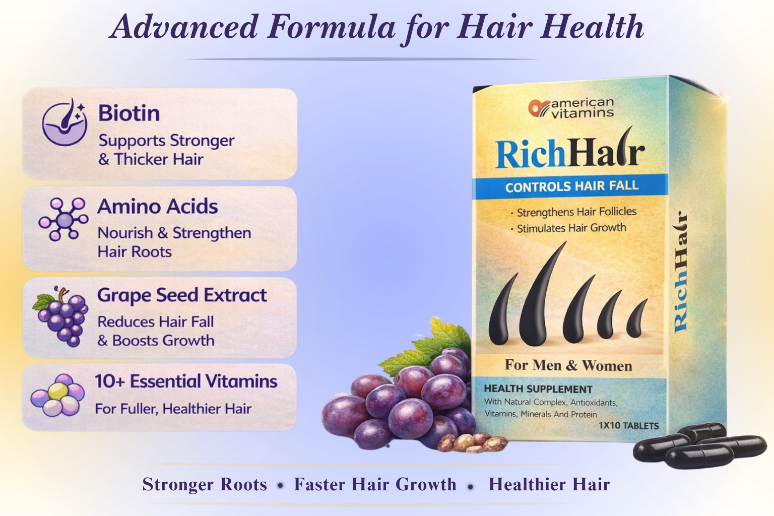 RICHHAIR Advanced Hair Supplement for Strength & Growth Support with Biotin, Amino Acids, Grape Seed Extract & 10+ Essential Vitamins – 10 Capsules for Men & Women