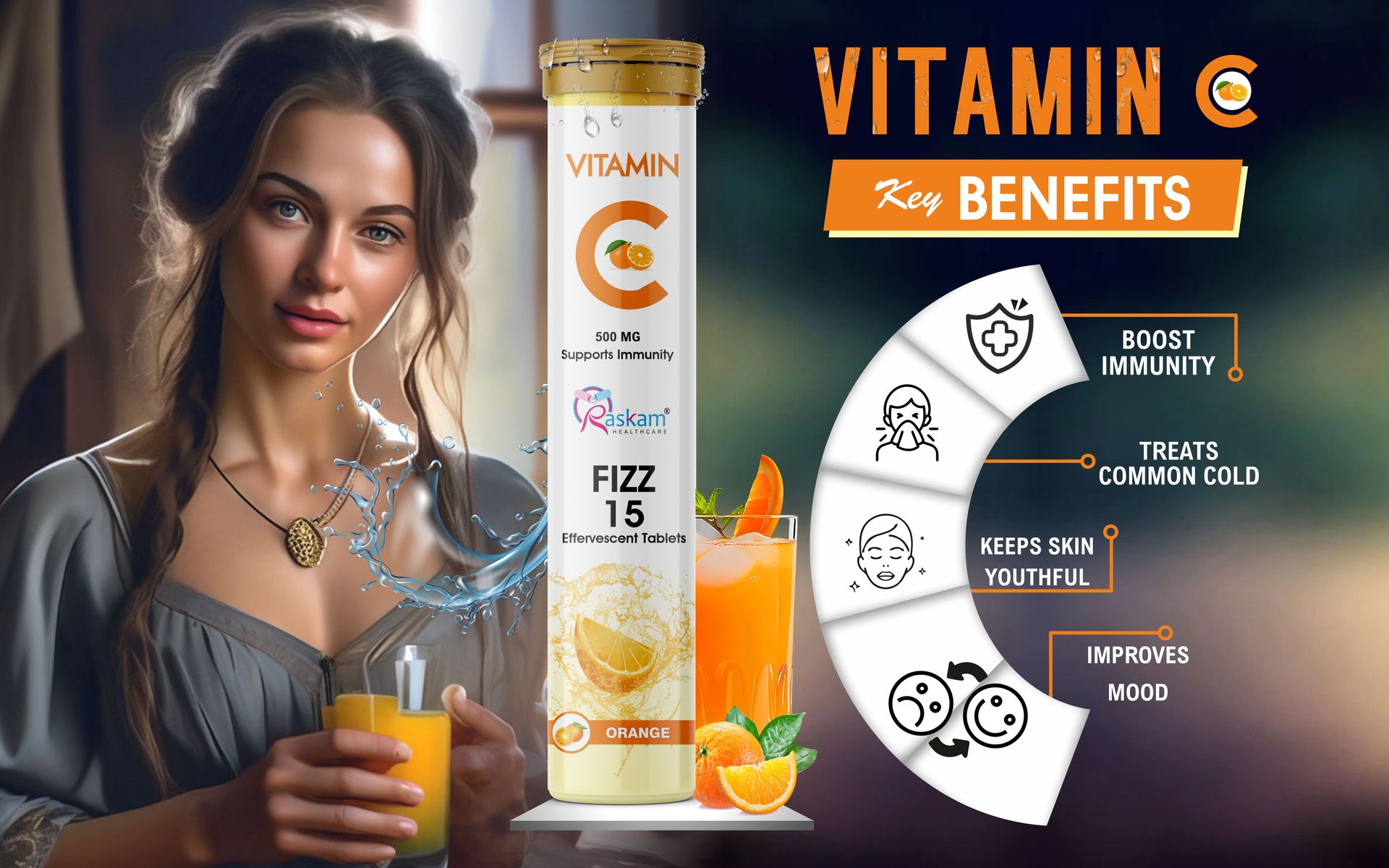 Vitamin C + Zinc, Fizz 15 Effervescent Tablets, Orange Flavour | 500mg (Pack of 1) | Supports Acne Free Skin for Women & Men | Rich in Antioxidants | Boosts Energy & Immunity