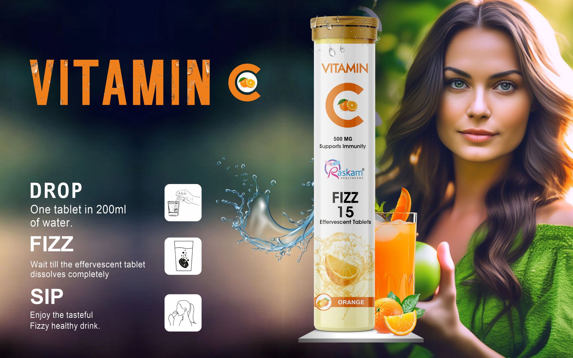 Vitamin C + Zinc, Fizz 15 Effervescent Tablets, Orange Flavour | 500mg (Pack of 1) | Supports Acne Free Skin for Women & Men | Rich in Antioxidants | Boosts Energy & Immunity