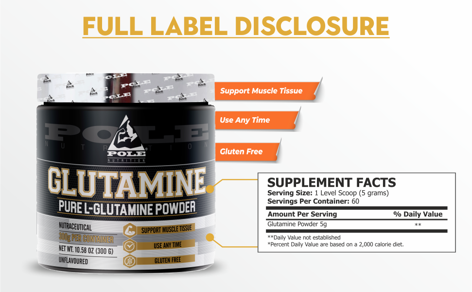 Pole Nutrition Pure L-Glutamine Powder - 300g Unflavored | Supports Muscle Tissue | Gluten-Free | Essential Amino Acid for Optimal Recovery