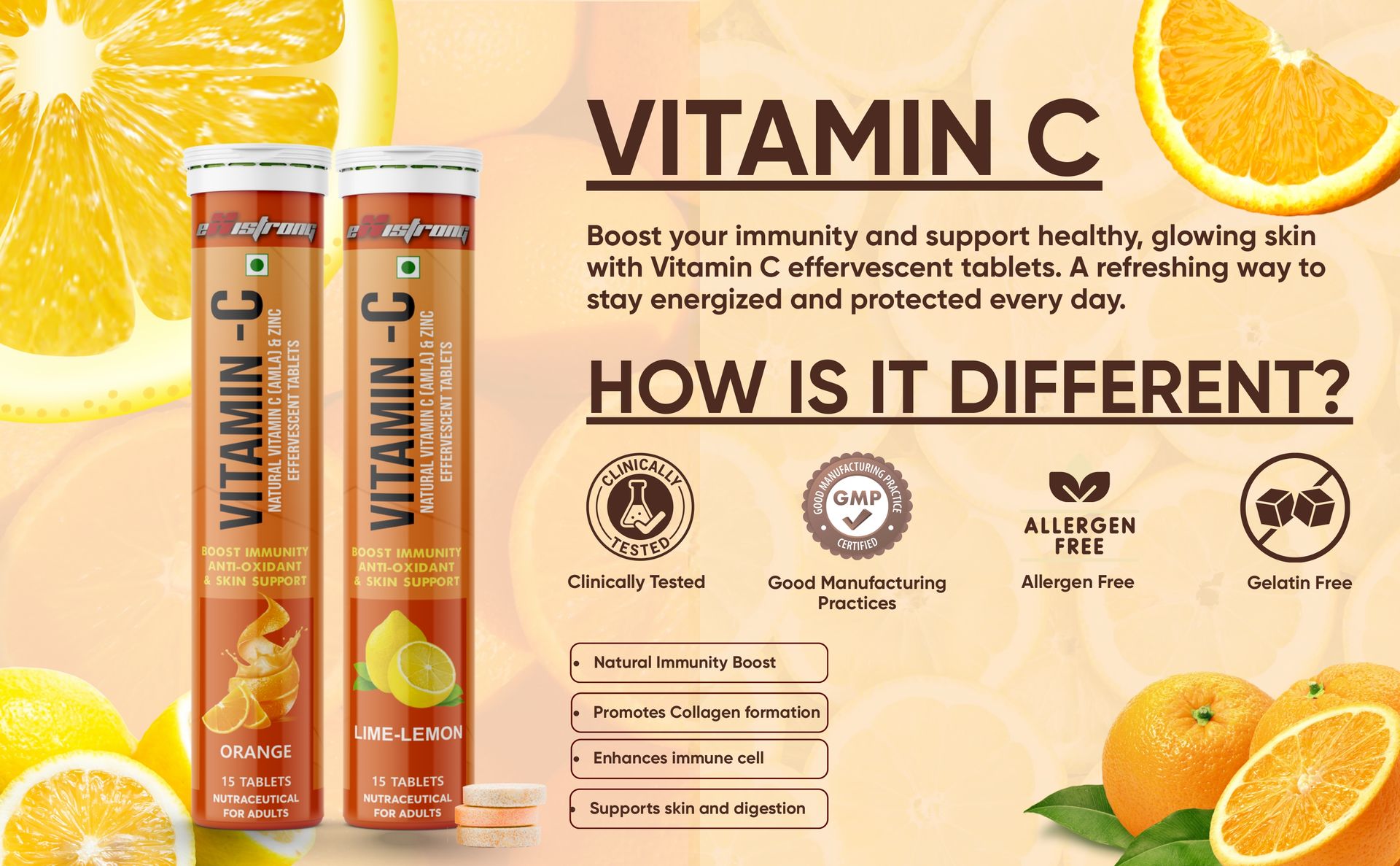 Vitamin C Effervescent Orange Flavor Tablets with Amla Extract & Zinc | Immunity Booster, Antioxidant & Energy Support | Sugar-Free, Fast Absorption and Skin Radiance (15 Tabs)