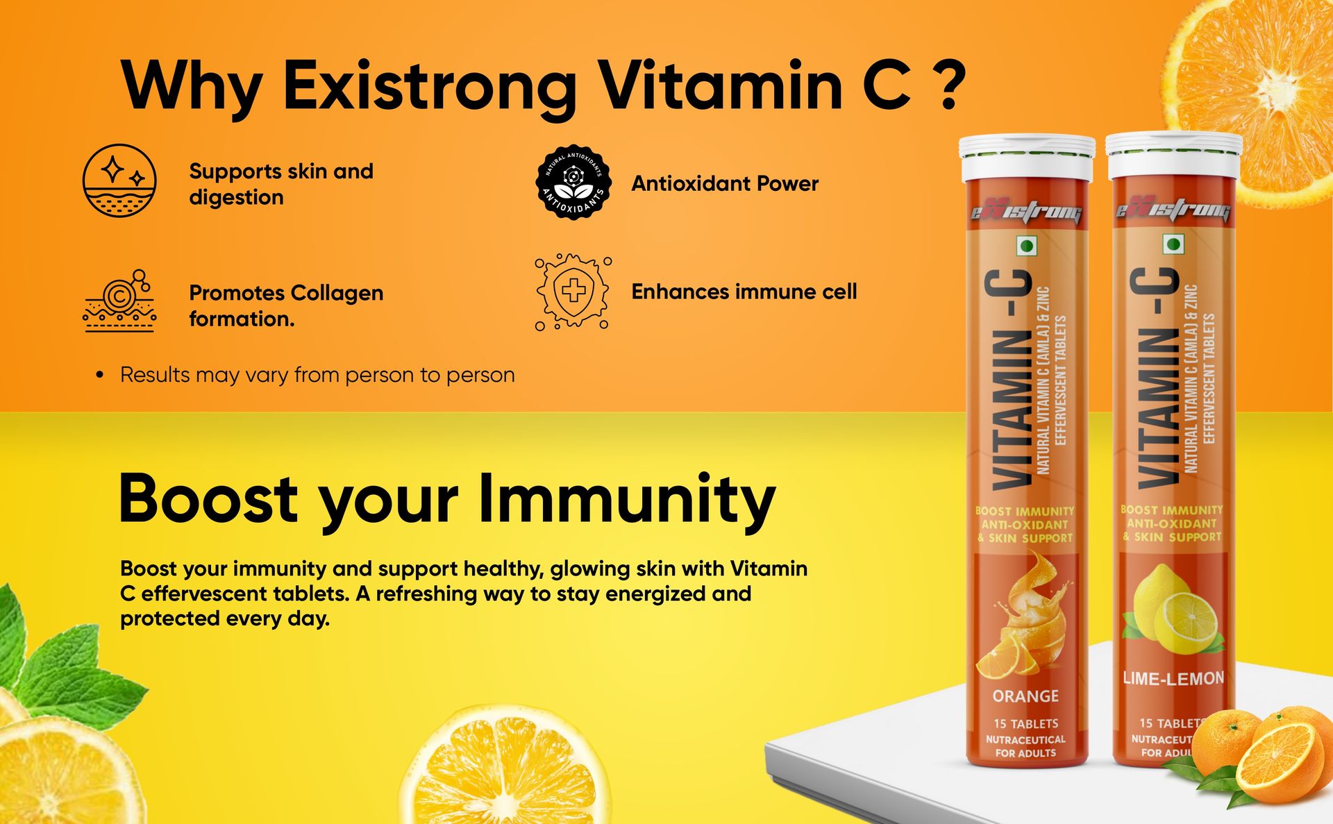 Vitamin C Effervescent Orange Flavor Tablets with Amla Extract & Zinc | Immunity Booster, Antioxidant & Energy Support | Sugar-Free, Fast Absorption and Skin Radiance (15 Tabs)
