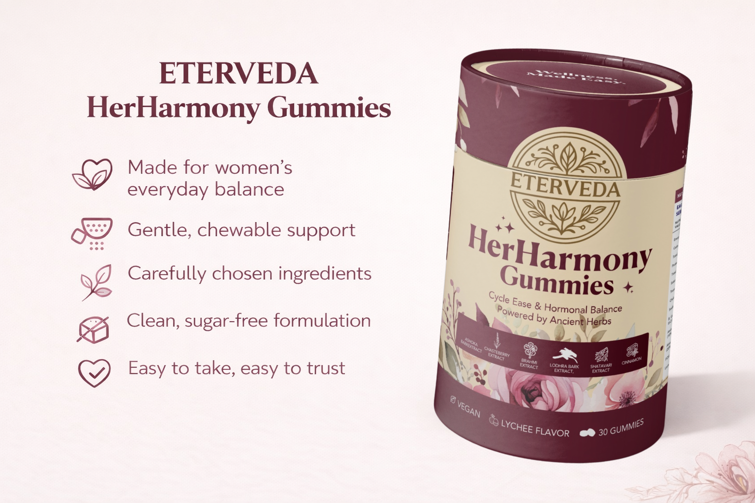HerHarmony Women's Wellness Gummies | Ashoka Bark, Lodhra, Shatavari, Brahmi & Chasteberry Extract | Lychee Flavour | No Added Sugar | Herbal Women's Health Support | 30 Gummies