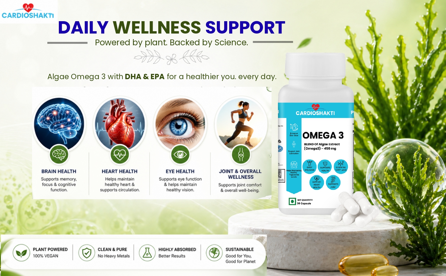 Cardio Shakti Premium Omega 3 Algae Extract 450 mg Vegan Capsules | Plant Based DHA & EPA Supplement for Heart, Brain, Eye & Daily Wellness | 30 Capsules