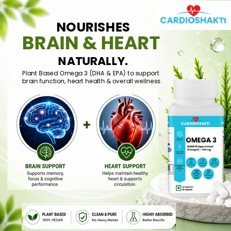Cardio Shakti Premium Omega 3 Algae Extract 450 mg Vegan Capsules | Plant Based DHA & EPA Supplement for Heart, Brain, Eye & Daily Wellness | 30 Capsules