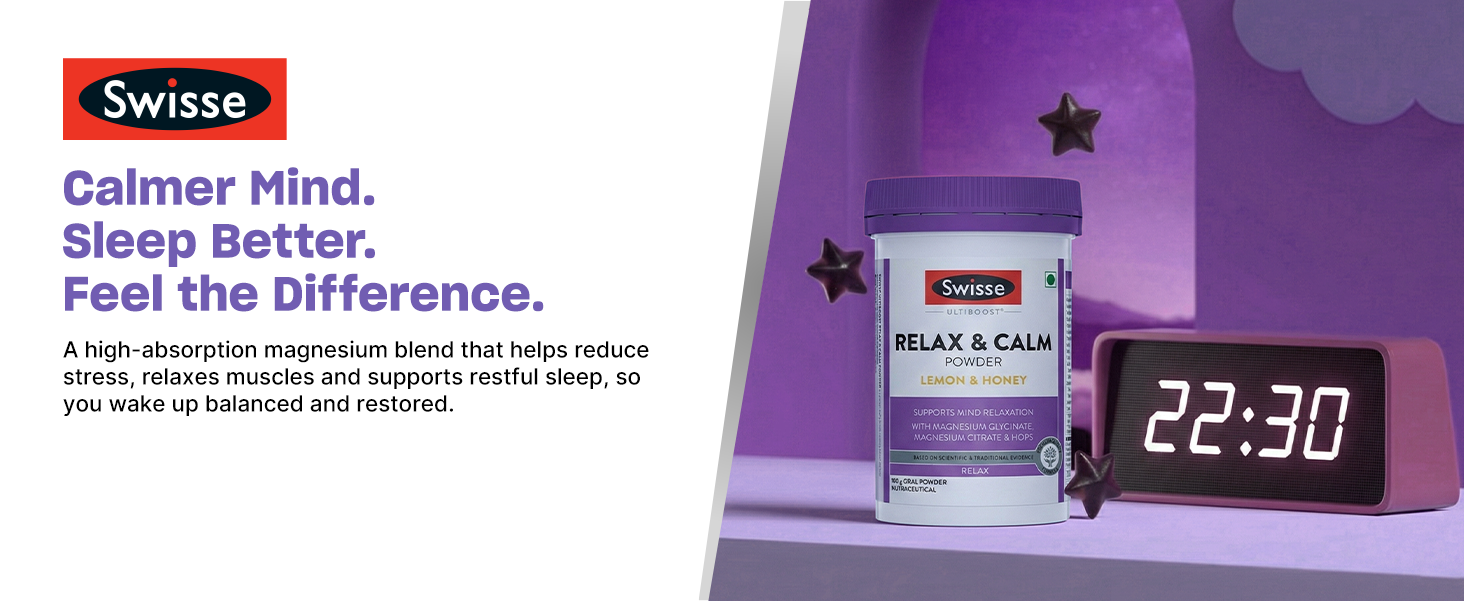 Swisse Relax & Calm Powder – Magnesium Glycinate & Citrate + Hops, Inositol & Choline - Supports Relaxation, Muscle Recovery & Healthy Sleep (Lemon & Honey Flavor, 24 Servings)