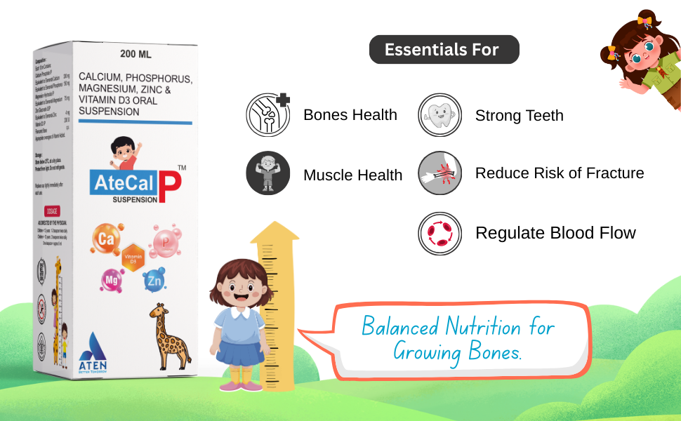 AteCal P Suspension | Calcium, Phosphorus, Magnesium, Zinc & Vitamin D3 Syrup | Bone Strength, Growth & Immunity Support | 200 ml