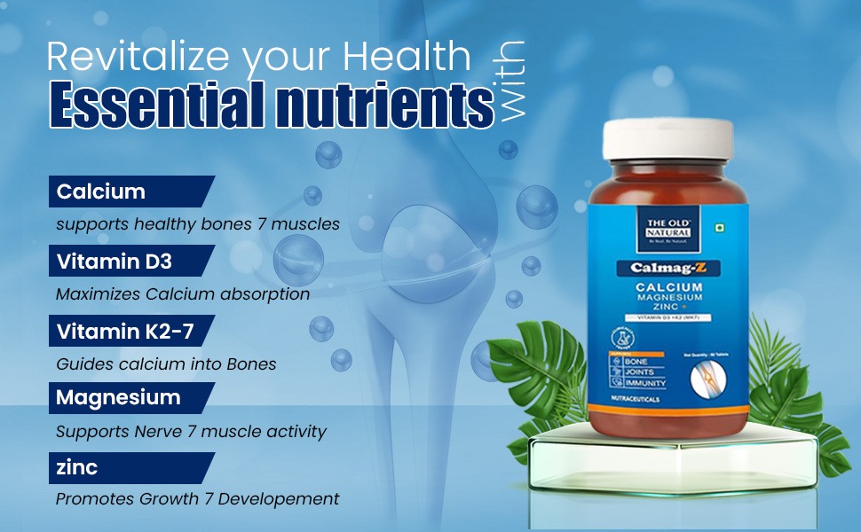 The Old Natural Calmag-Z Calcium Magnesium Zinc Tablets with Vitamin D3 & K2 MK7, Calcium Citrate Malate for Bone Health, Joint Support, Muscle Strength & Immunity - 60 Veg Tablets