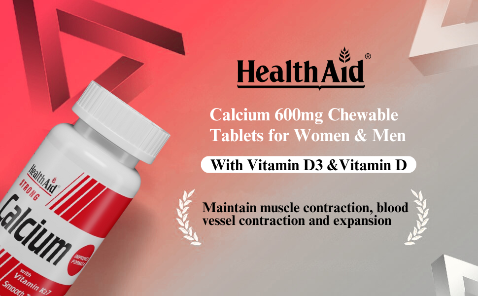 HealthAid Strong Calcium 600 mg with Vitamin D3 & Vitamin K2-7 | Chewable Calcium Supplement for Men & Women | Supports Strong Bones, Teeth, Joints & Muscles | 60 Tablets