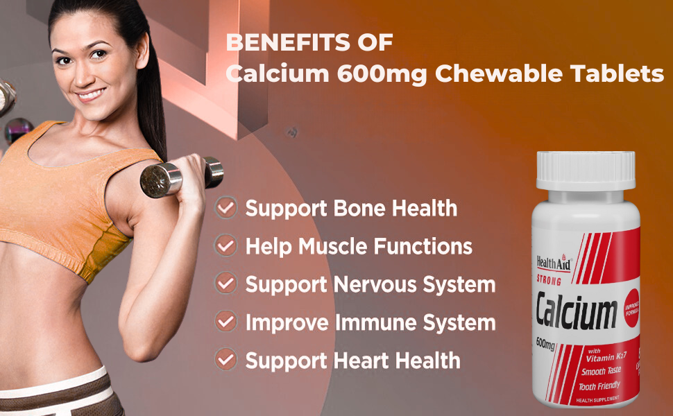 HealthAid Strong Calcium 600 mg with Vitamin D3 & Vitamin K2-7 | Chewable Calcium Supplement for Men & Women | Supports Strong Bones, Teeth, Joints & Muscles | 60 Tablets