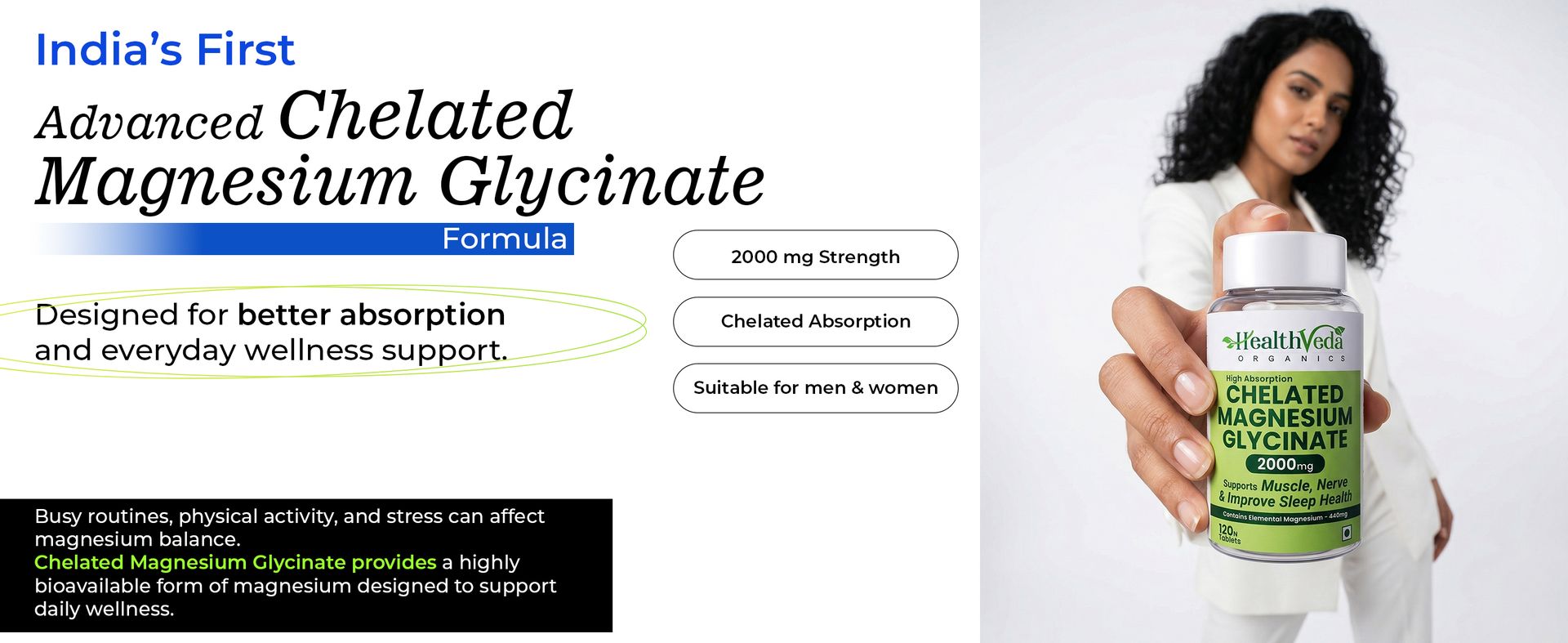 Health Veda Organics Magnesium Glycinate 2000mg per Serving | High Absorption Magnesium Supplement for Muscle Recovery, Better Sleep Support & Stress Relief | 120 Veg Tablets