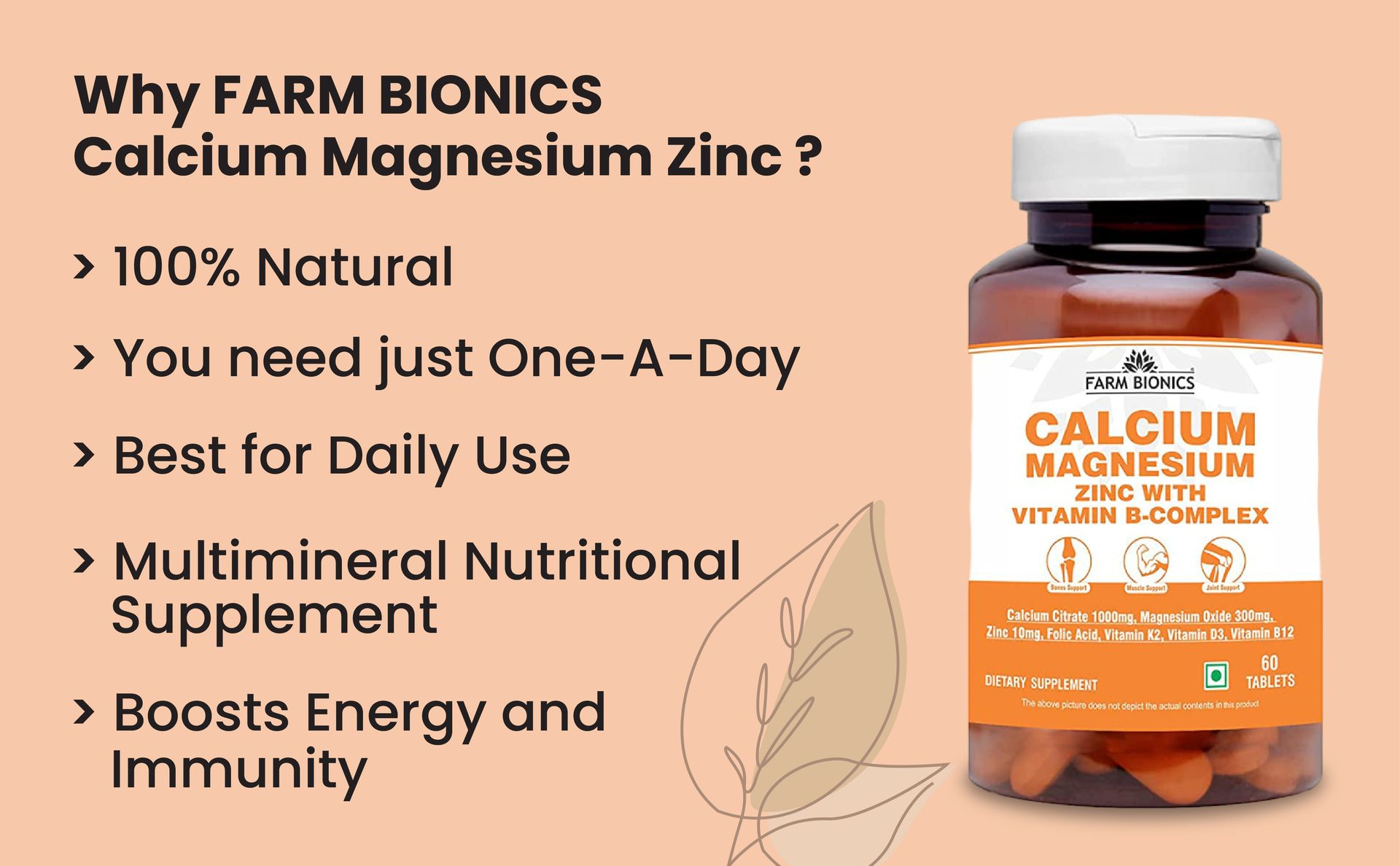Calcium Magnesium Zinc with Vitamin B Complex | Multivitamin Supplements | Ideal Supplement for Bones, Muscle, and Joint Support | Calcium tablets for Men and Women (Pack of 1)