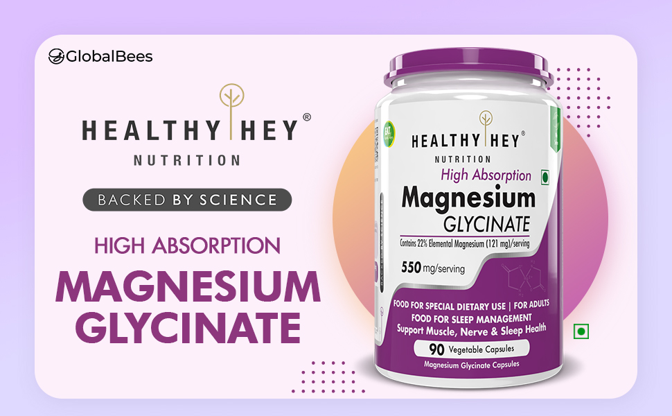 HealthyHey Nutrition High Absorption Magnesium Glycinate, 550mg - 120 Vegetable Capsules - Pack of 2