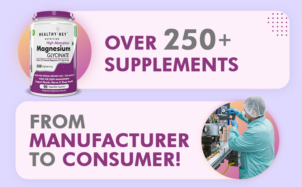 HealthyHey Nutrition High Absorption Magnesium Glycinate, 550mg - 120 Vegetable Capsules - Pack of 2