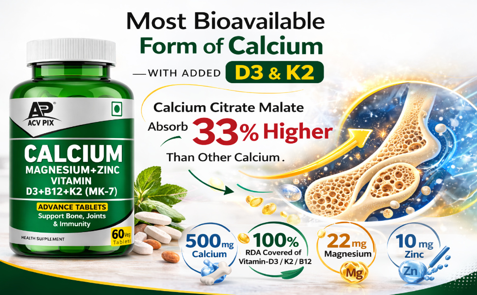 Calcium Magnesium Zinc with Vitamin D3 K2 B12 Tablets | Calcium Supplement for Bone Health, Joint Support & Muscle Strength | For Men & Women (60 Tablets)