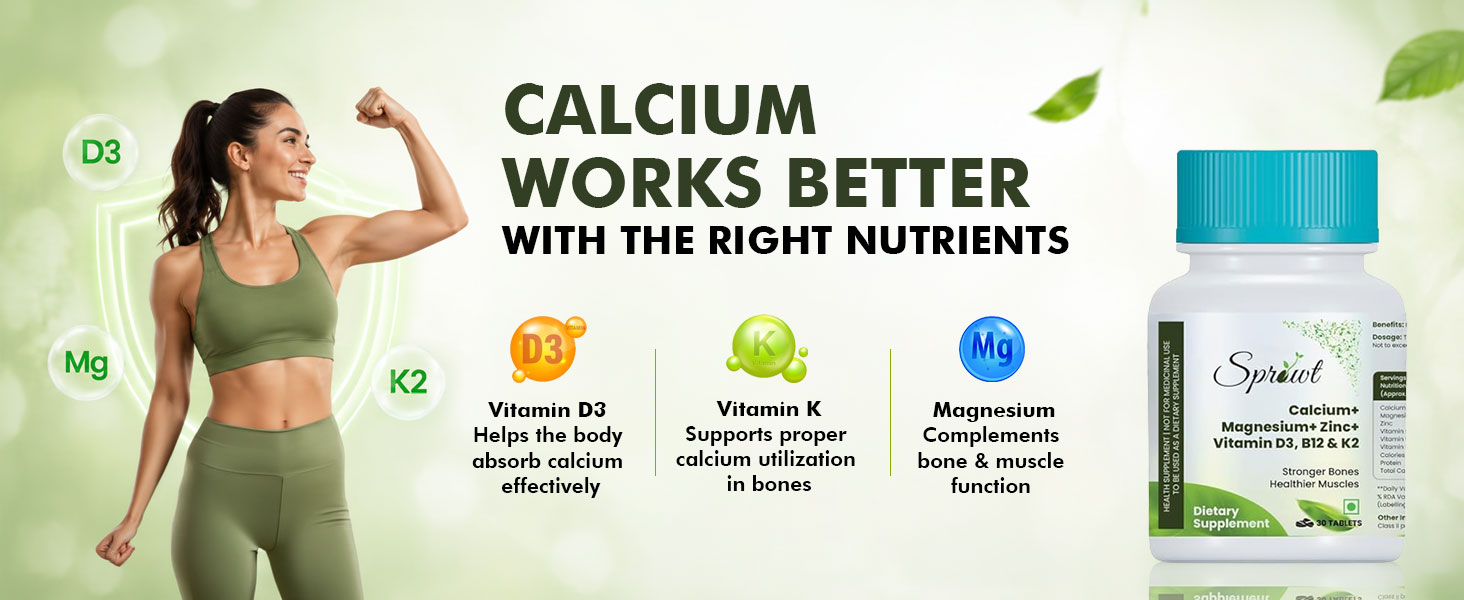 Sprowt Calcium Magnesium Zinc Vegetarian Tablets with Vitamin D3, B12 & K2 I Calcium Tablets for Women & Men to Support Bone Health, Joint & Immunity | Pack of 1 | 30 Count