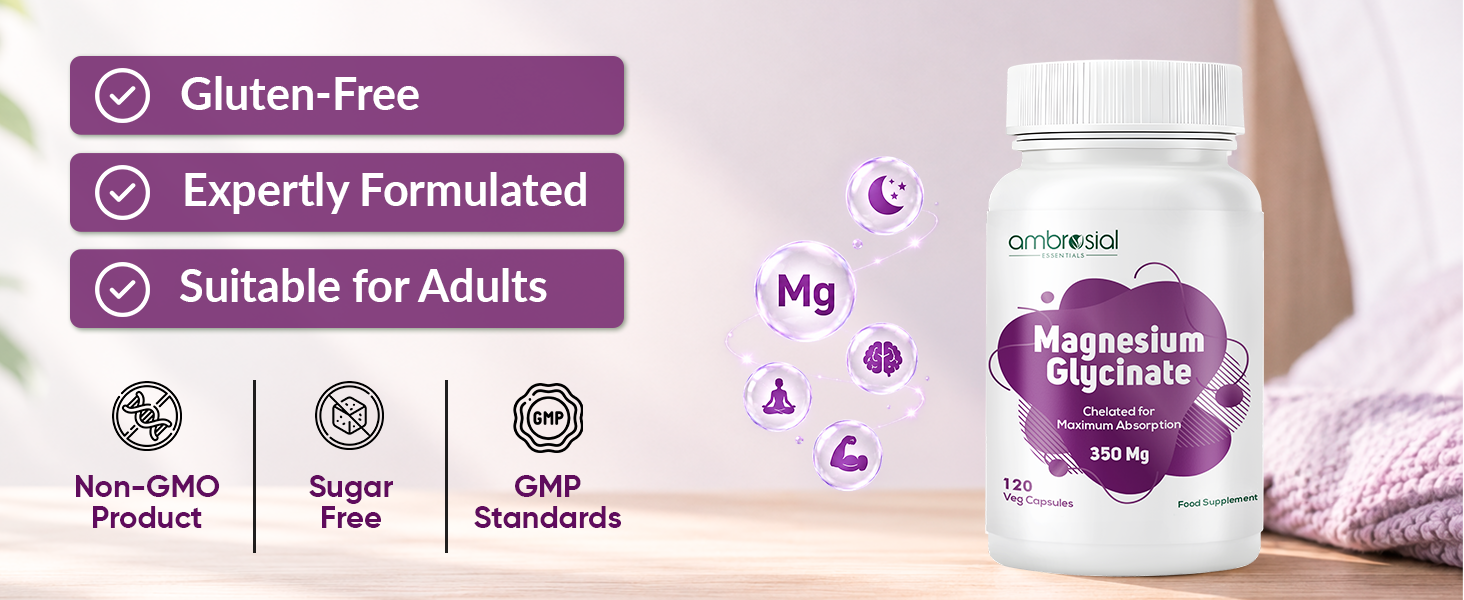 Ambrosial Magnesium Glycinate 350mg | High Absorption Magnesium Supplement for Enhanced Muscle and Nerve Function | Promotes Optimal Bone Health | Tiredness and Fatigue (Pack of 1-120 Capsules)