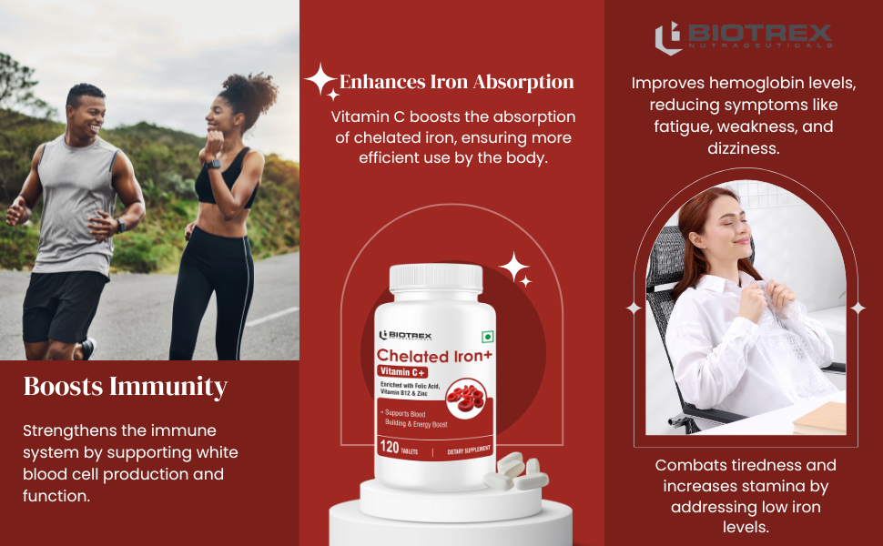 Biotrex Nutraceuticals Chelated Iron + Vitamin C, B12, Folic Acid & Zinc, Boost Hemoglobin Levels & Improves Concentration Levels, Energy & Blood Building - 120 Vegetarian Tablets