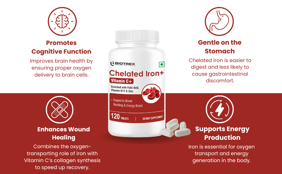 Biotrex Nutraceuticals Chelated Iron + Vitamin C, B12, Folic Acid & Zinc, Boost Hemoglobin Levels & Improves Concentration Levels, Energy & Blood Building - 120 Vegetarian Tablets