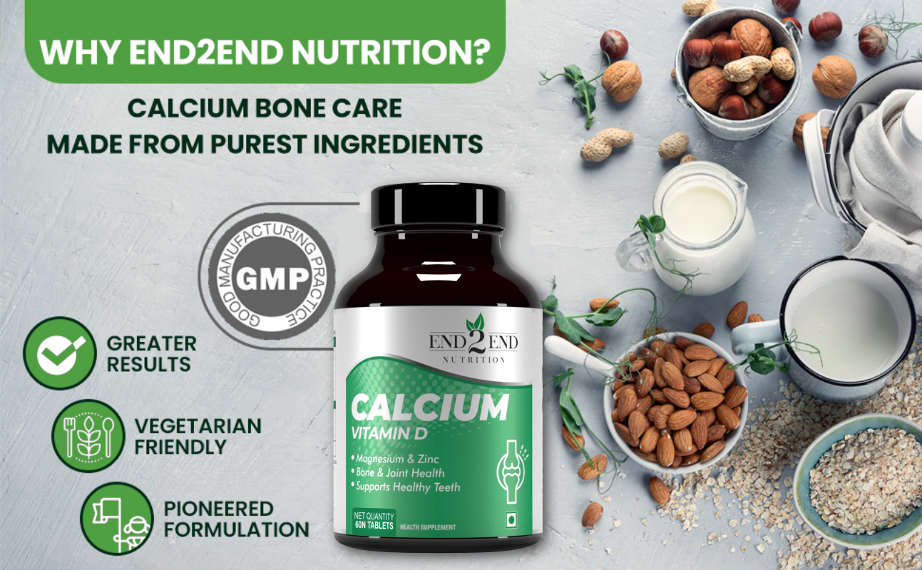 End2End Nutrition Calcium Tablets for Men and Women with Magnesium Zinc Vitamin D for complete bone health & Joint Support - 60x2 Tablets