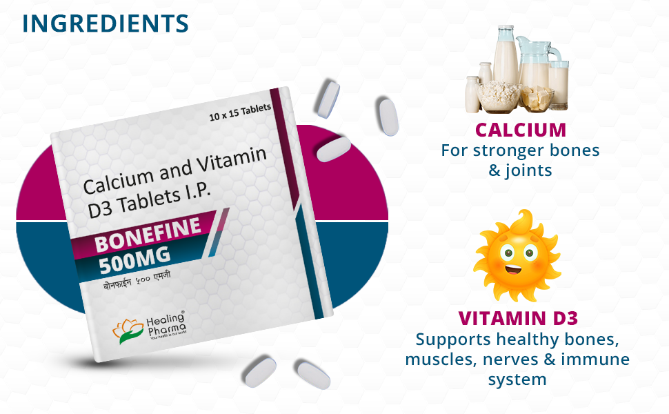 Healing Pharma - Bonefine Calcium & Vitamin D3 Supplement | 500mg Calcium & 250iu Vitamin D3 | For Strong Bones & Joints | 15 tablets x 2 Strips