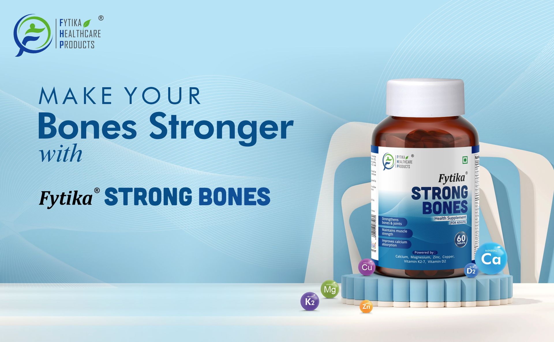 Fytika Strong Bones - Set of 3 (180 Tabs) | Calcium 1000mg + Vitamin D3 400IU Supplement with Magnesium,Zinc,Coper & Vitamin K2 for Complete Bone,Joint & Muscle Health - Women and Men