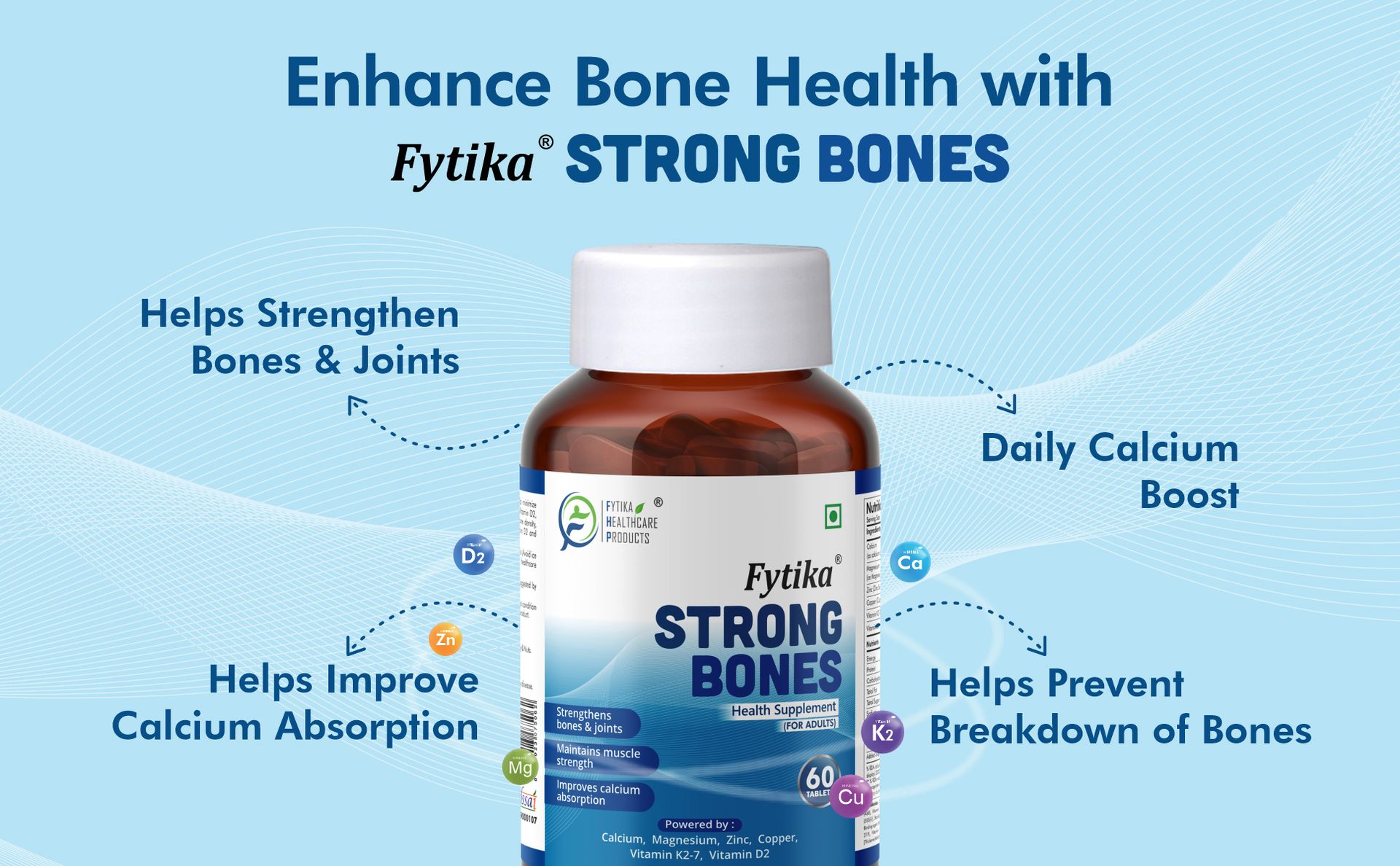 Fytika Strong Bones - Set of 3 (180 Tabs) | Calcium 1000mg + Vitamin D3 400IU Supplement with Magnesium,Zinc,Coper & Vitamin K2 for Complete Bone,Joint & Muscle Health - Women and Men