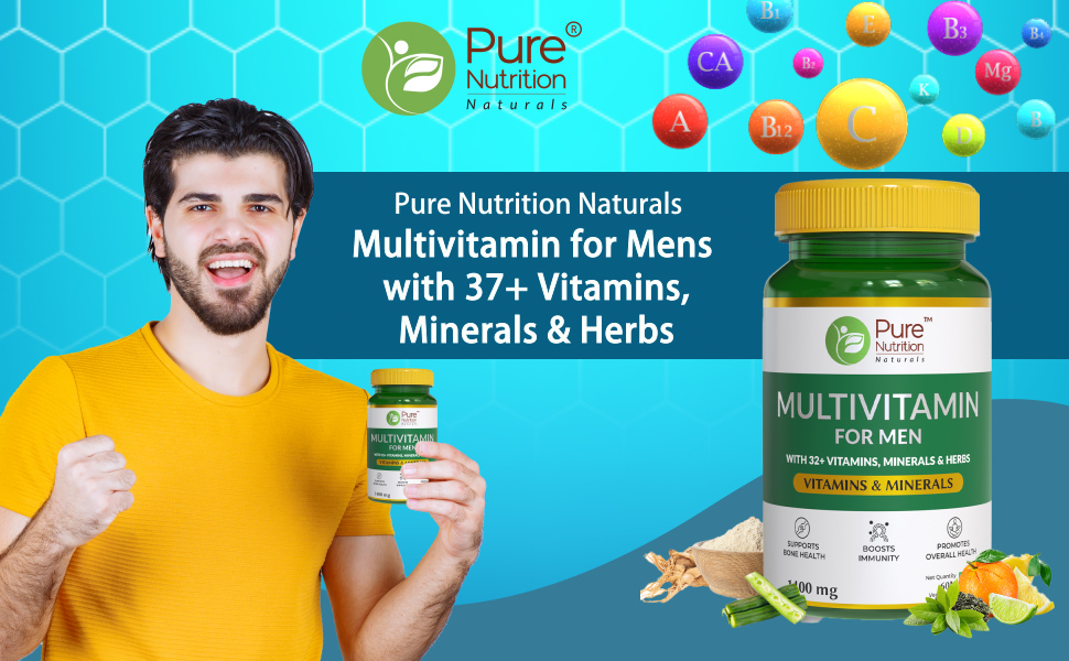 Pure Nutrition Multivitamin for Men 1400mg | 120 Veg Tablets (60x2) | Multivitamin Tablet for Men with 32+ Vitamins, Minerals & Herbs | Biotin, Ginseng, Moringa & Green Tea | Supports Immunity, Energy & Bone Health
