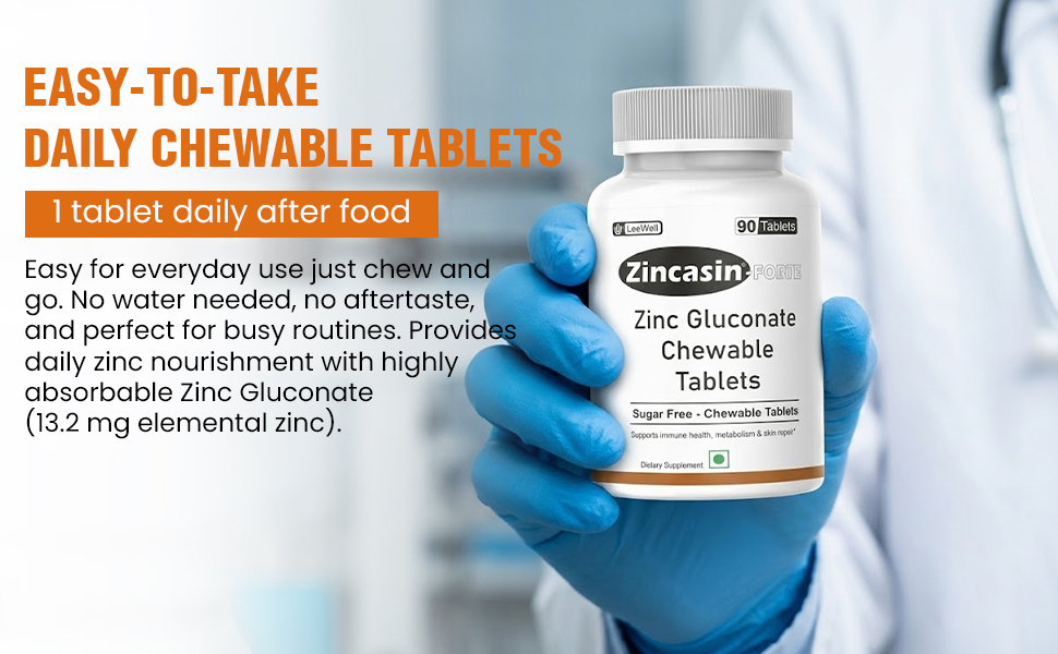 Zincasin Forte (LeeWell) Zinc Gluconate Chewable Candy | Zinc Supplements for Immune Support, Skin Health, Hair & Nail Maintenance | Metabolism Support | Daily Zinc Mineral Supplement - 90 Tablets