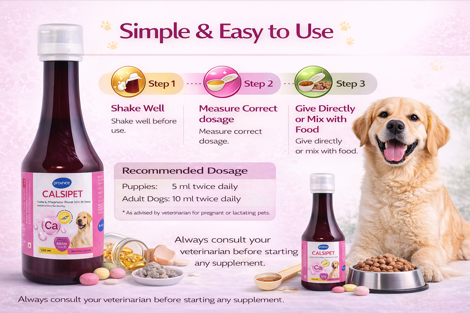 Wag and meaw Calsipet Calcium Phosphorus Vitamin D3 B12 Syrup for Dogs and Cats, 200 ml, Bone Strength Growth Immunity Support