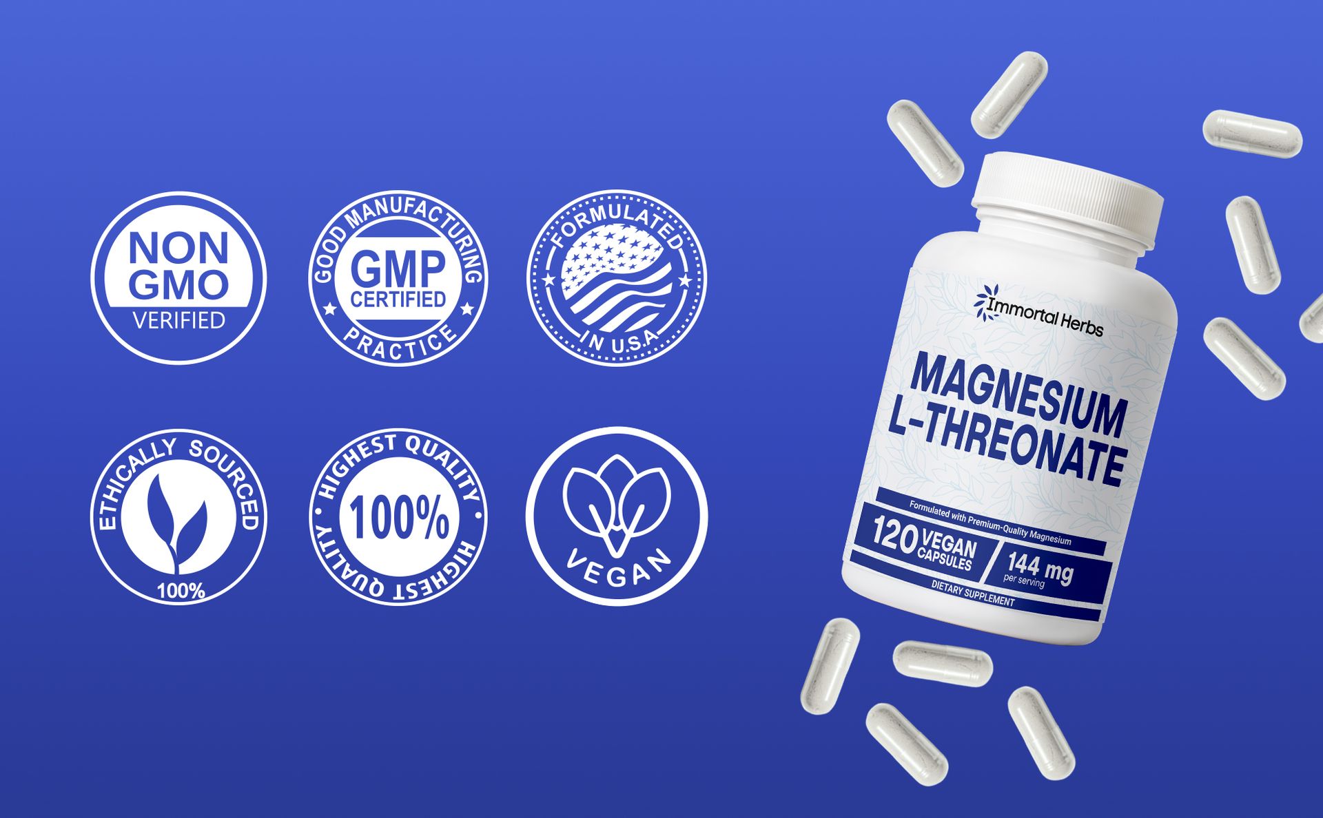 Pure Magnesium L-Threonate Capsules, Chelated, High Absorption, 120 Pills w/Elemental Magnesium Powder, Non-GMO & Gluten Free L-Threonate Supplement for Women and Men