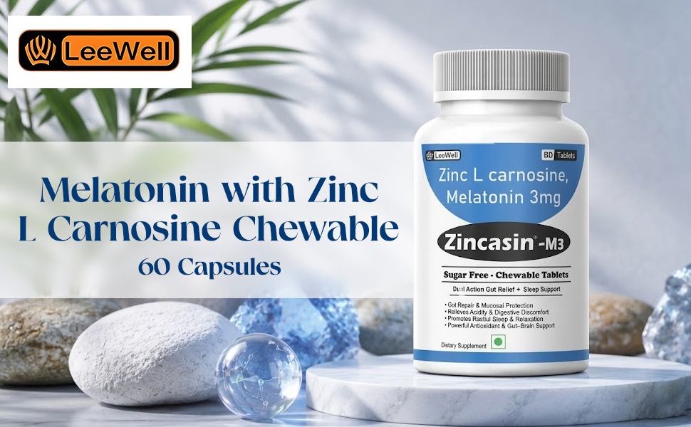 Zincasin -M3 (LeeWell) Chewable Zinc Carnosine, Melatonin 3mg | Support Night time gastrointestinal (GI) health, gut barrier integrity, restorative sleep, Leaky Gut Health, Gastric Ulcer Support - 60 Tablets